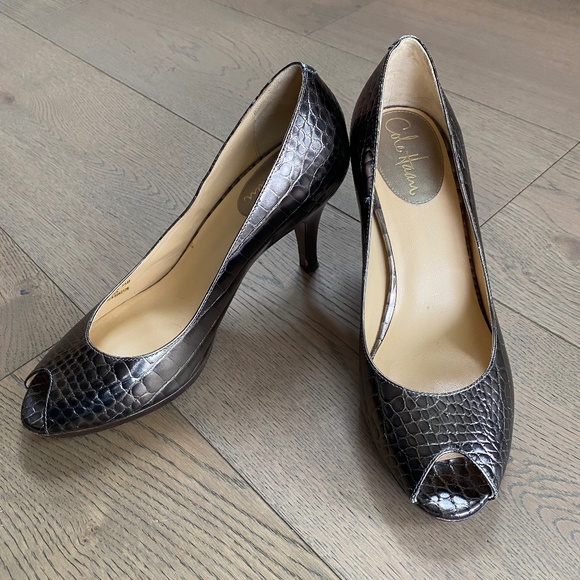 Cole Haan Margo Bronze Croc Peep Toe Heels - Picture 2 of 8